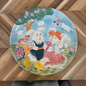 GKR Easter Bunny Picnic Embossed Ceramic Decorative Plate 12 Inch Spring Decor